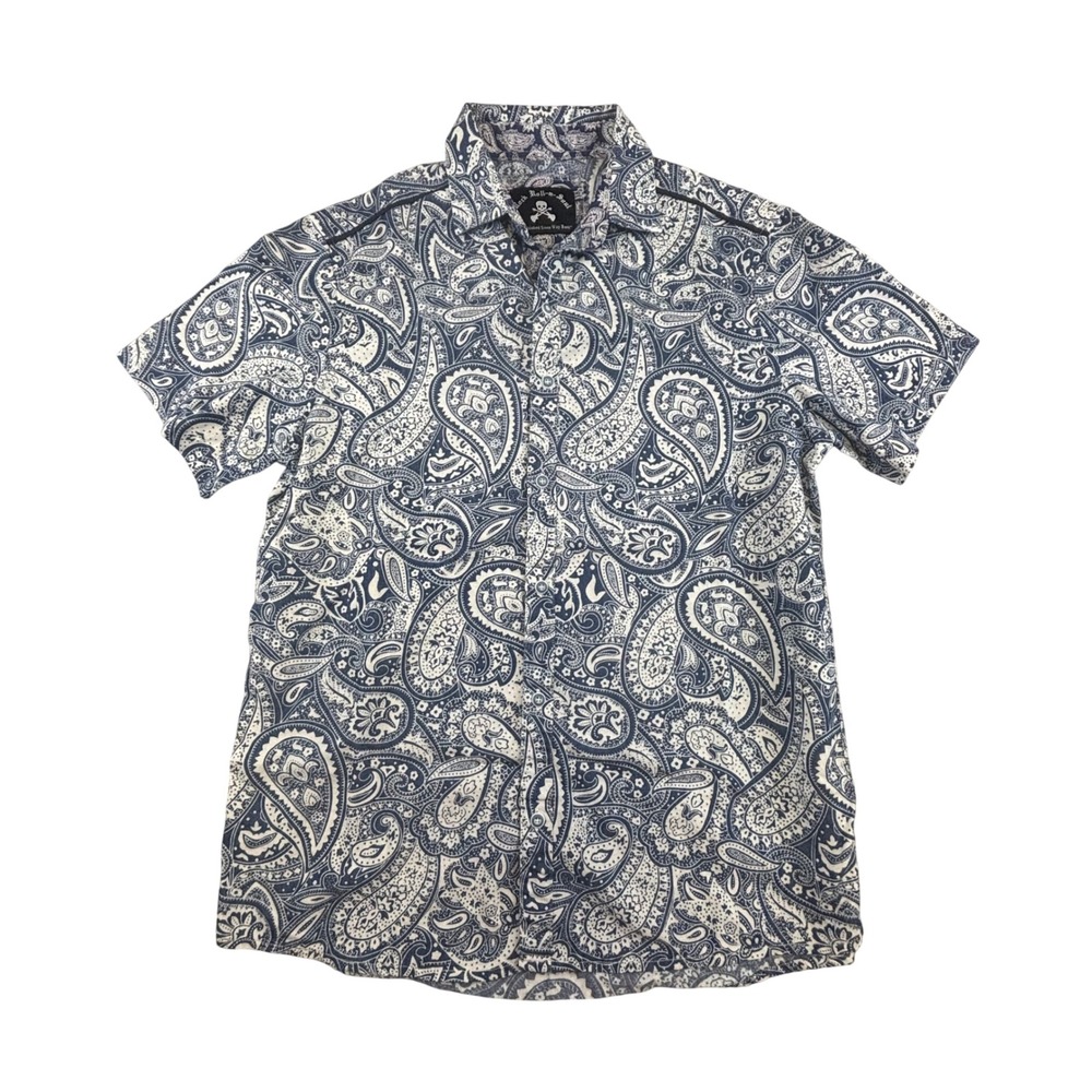 Rock Roll n Soul Shirt Men's Small Blue White Paisley Short Sleeve Button Down